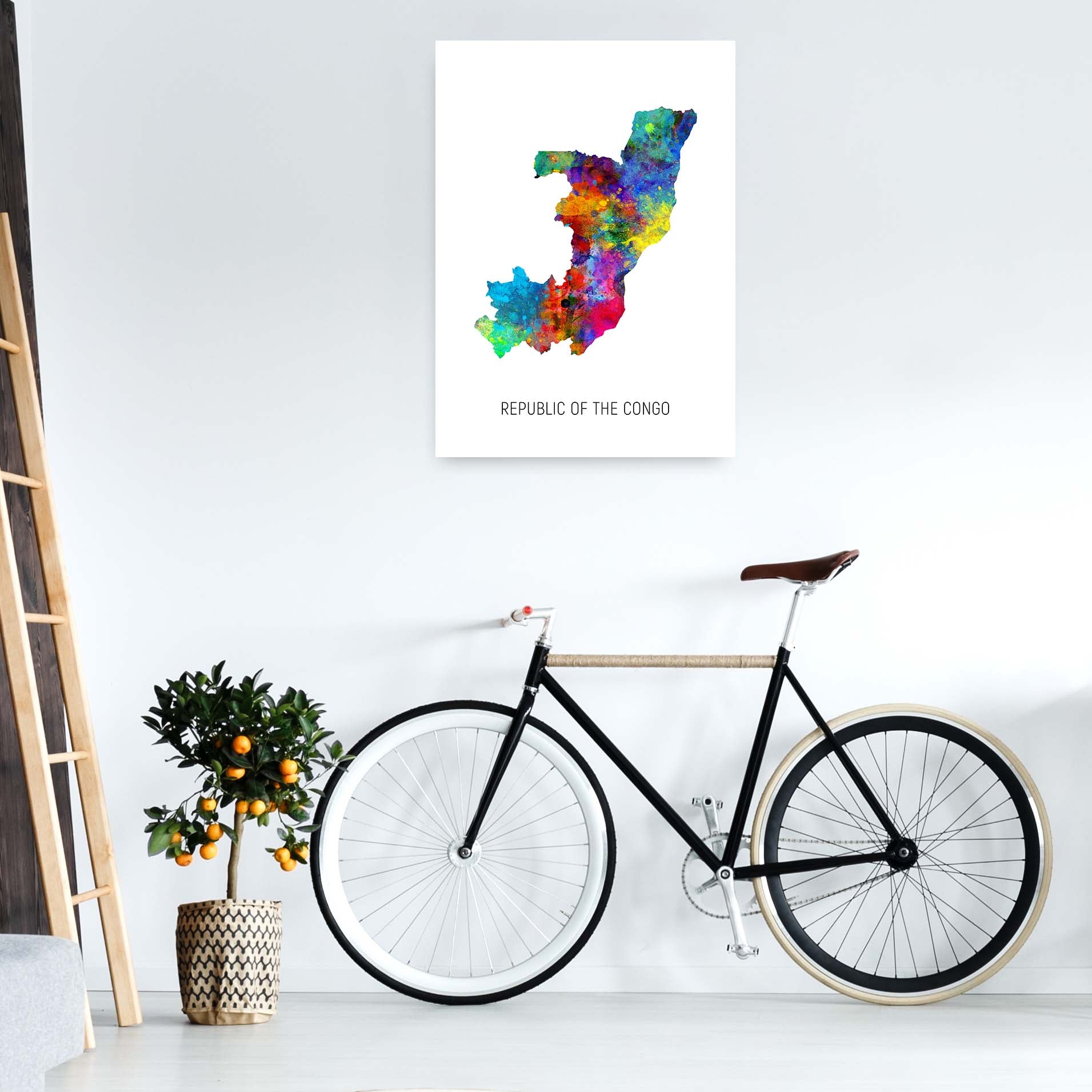 Republic Of The Congo Watercolour Map  by Michael Tompsett A1 Black Frame