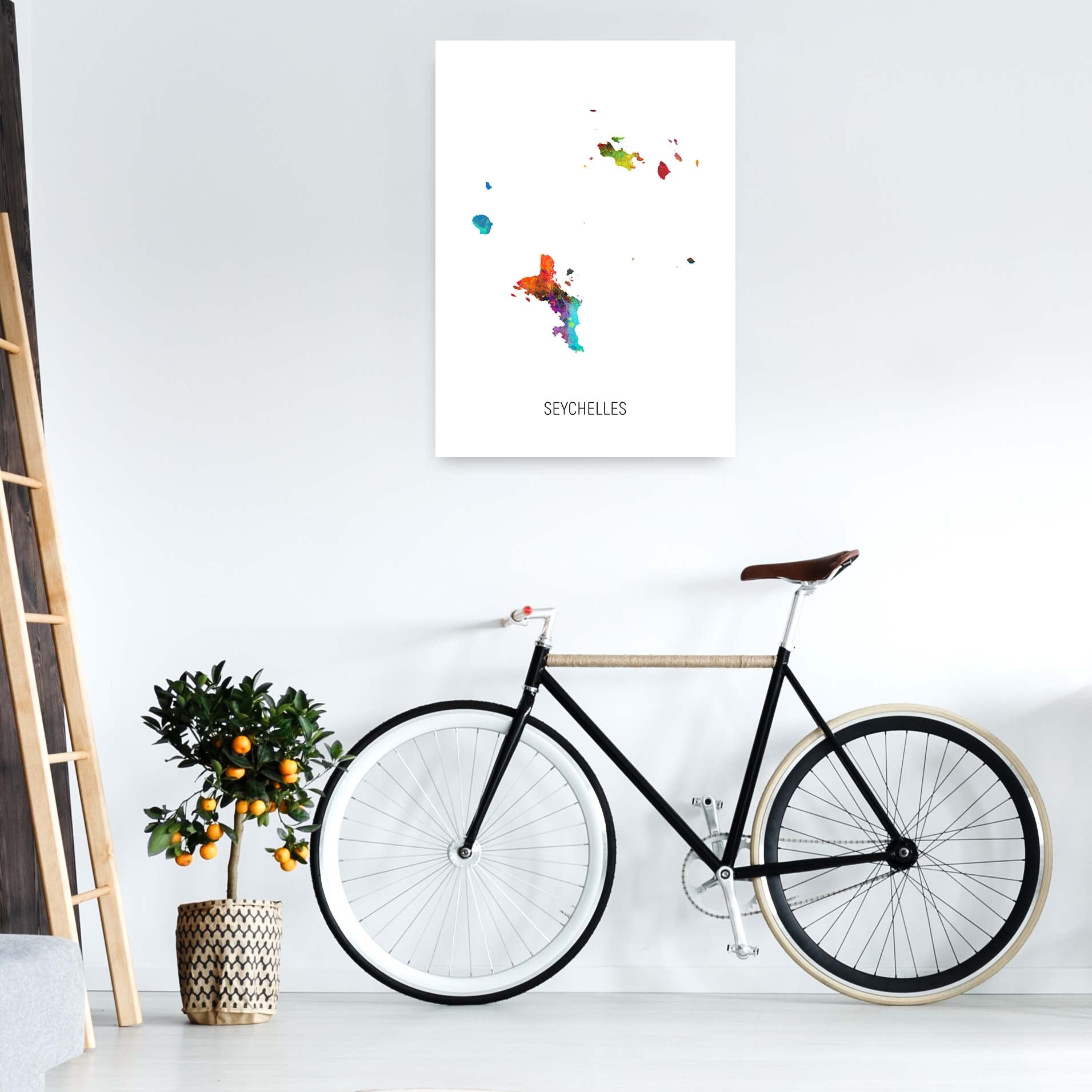 Seychelles Watercolour Map Art Print by Michael Tompsett A1 Black Frame