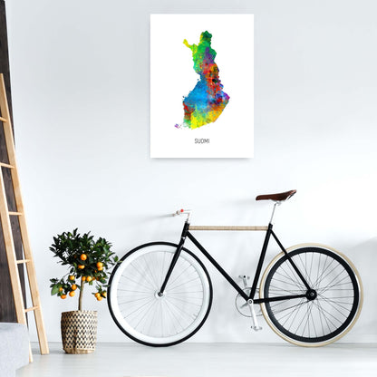 Suomi Watercolour Map Art Print by Michael Tompsett A1 Black Frame