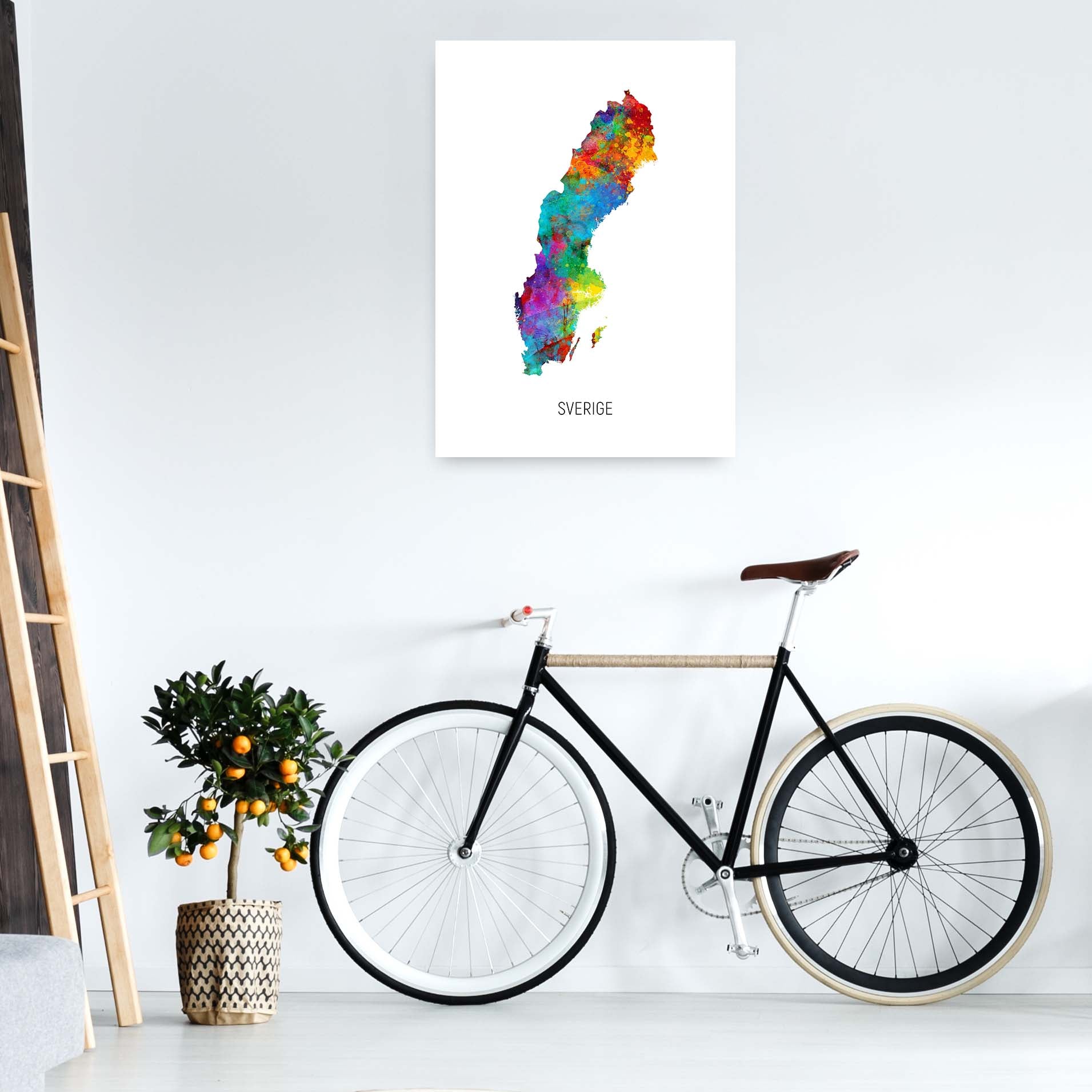 Sverige Watercolour Map Art Print by Michael Tompsett A1 Black Frame
