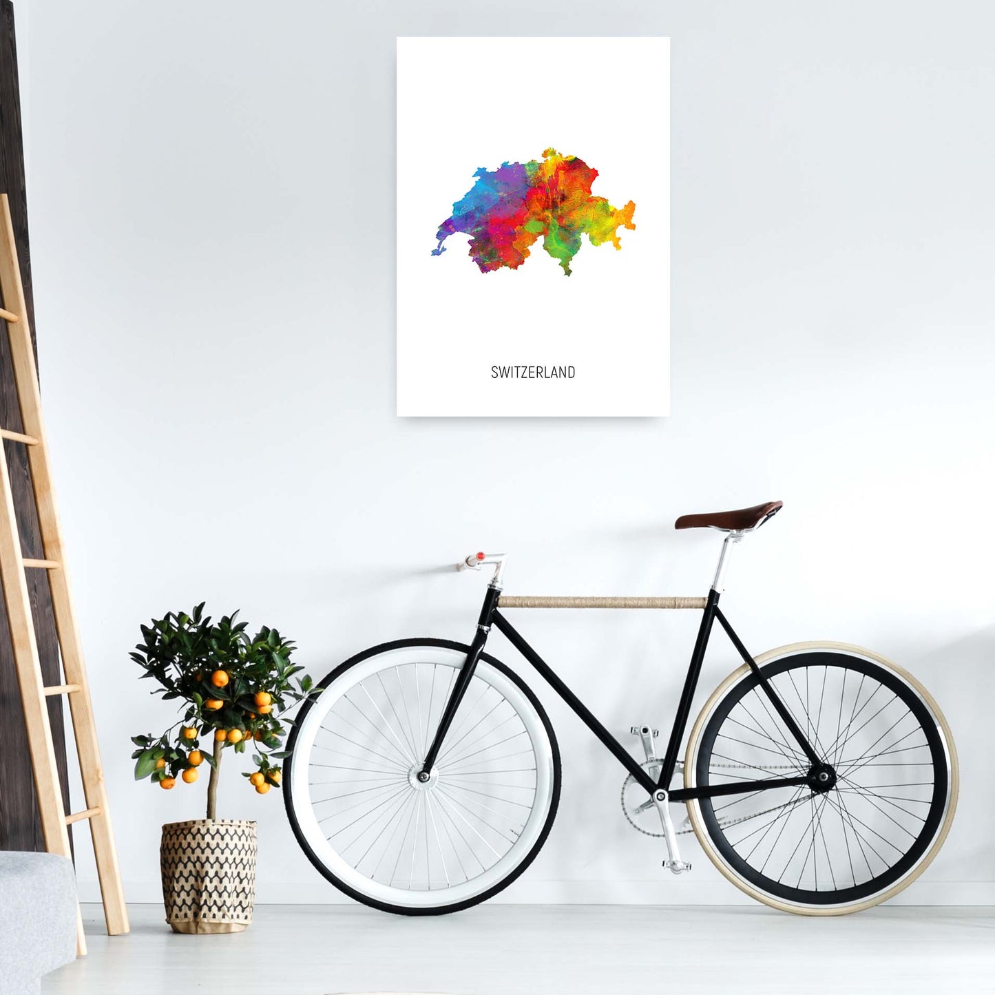 Switzerland Watercolour Map Art Print by Michael Tompsett A1 Black Frame