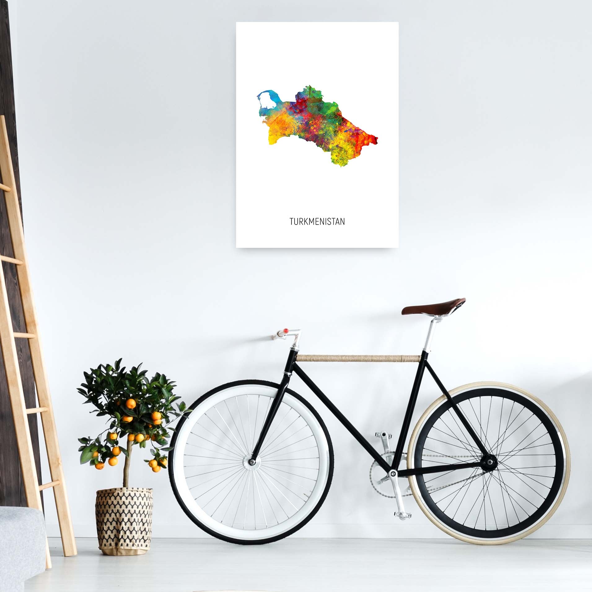 Turkmenistan Watercolour Map Art Print by Michael Tompsett A1 Black Frame