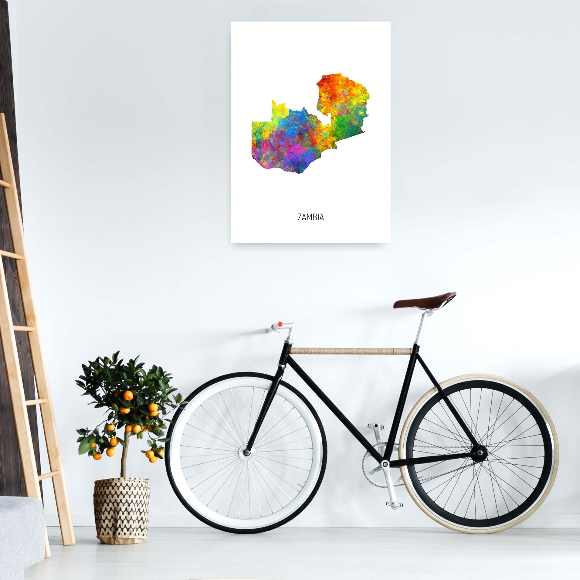 Zambia Watercolour Map Art Print by Michael Tompsett A1 Black Frame