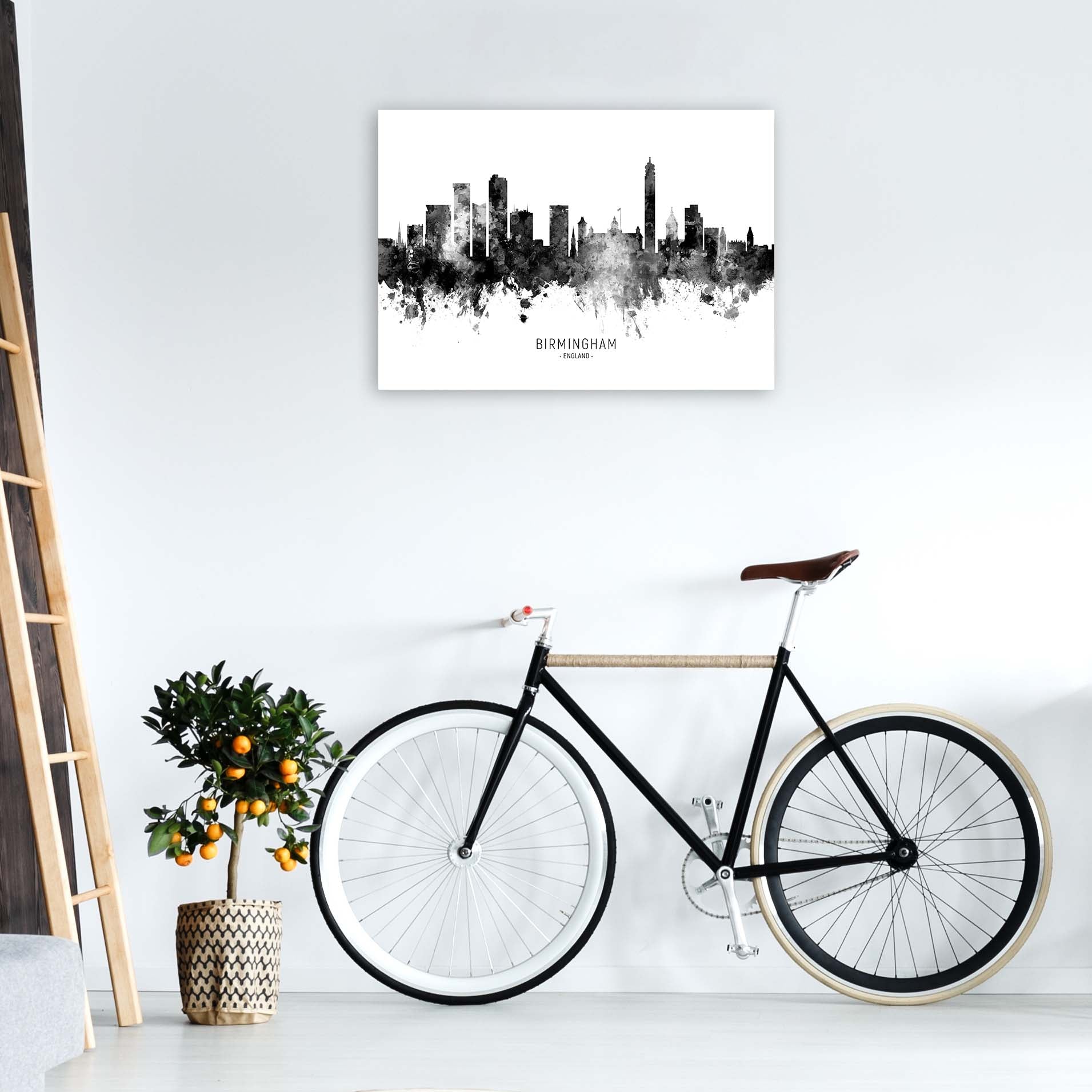 Birmingham England Skyline Black White City Name  by Michael Tompsett A1 Black Frame