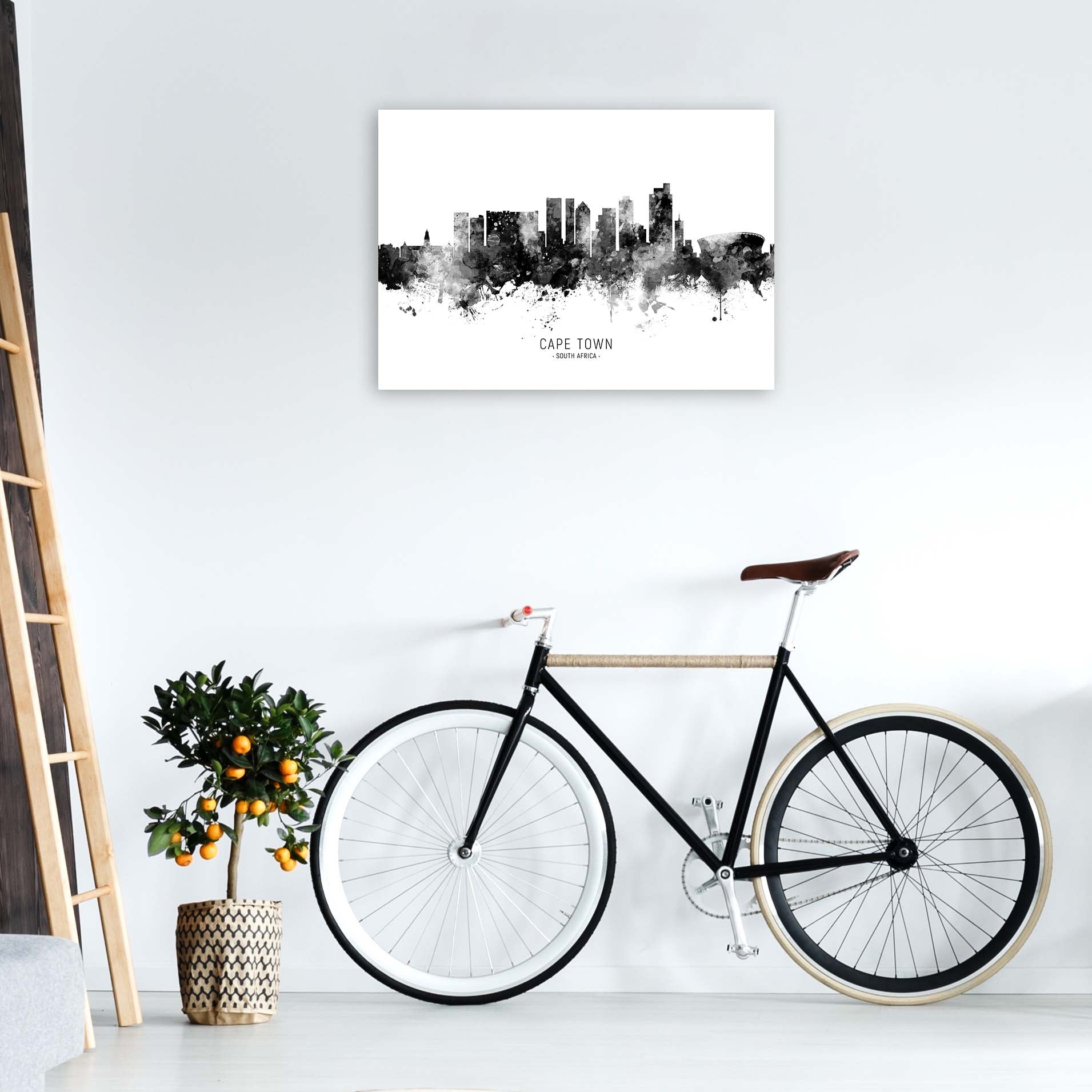 Cape Town South Africa Skyline Black White City Name  by Michael Tompsett A1 Black Frame