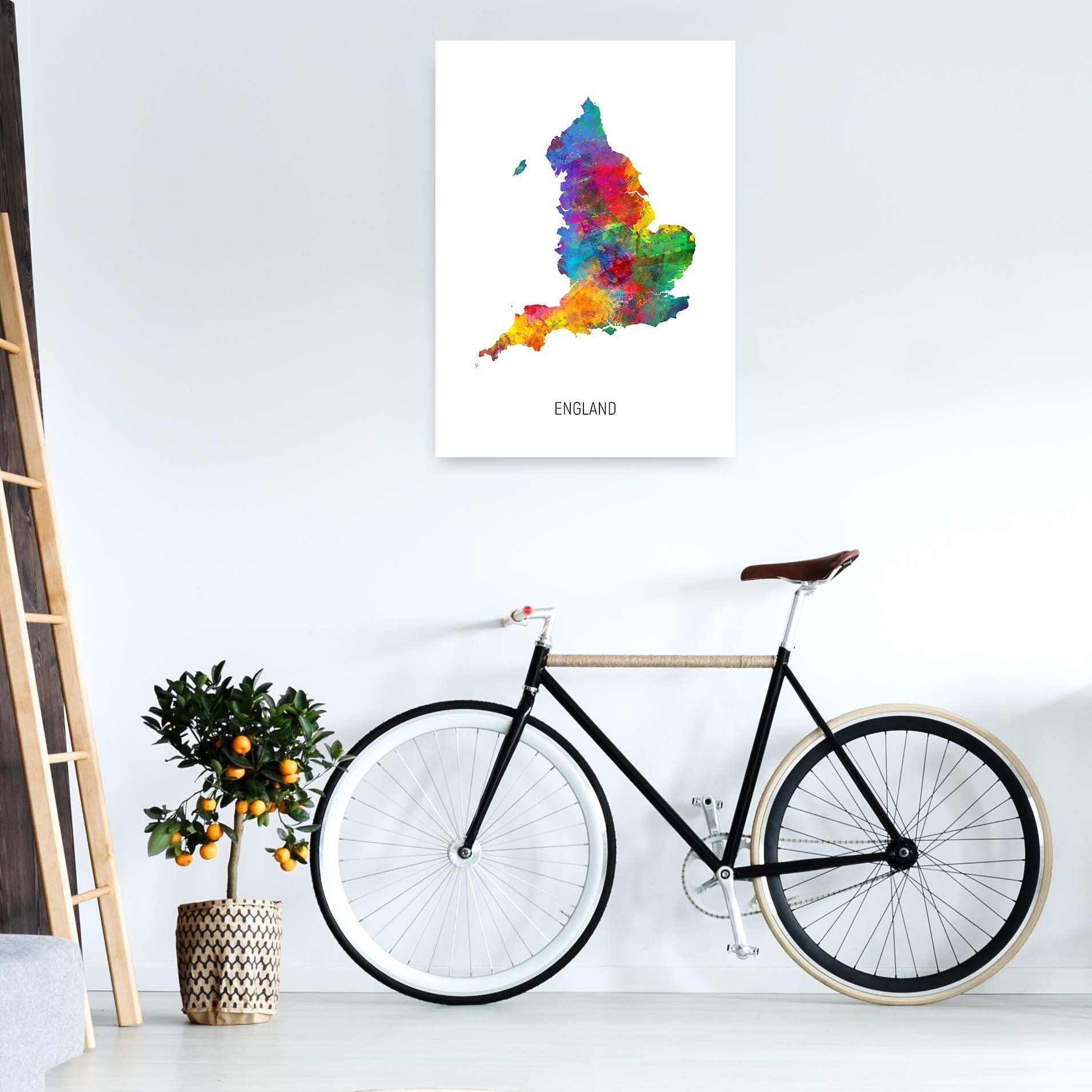 England Watercolour Map Art Print by Michael Tompsett A1 Black Frame