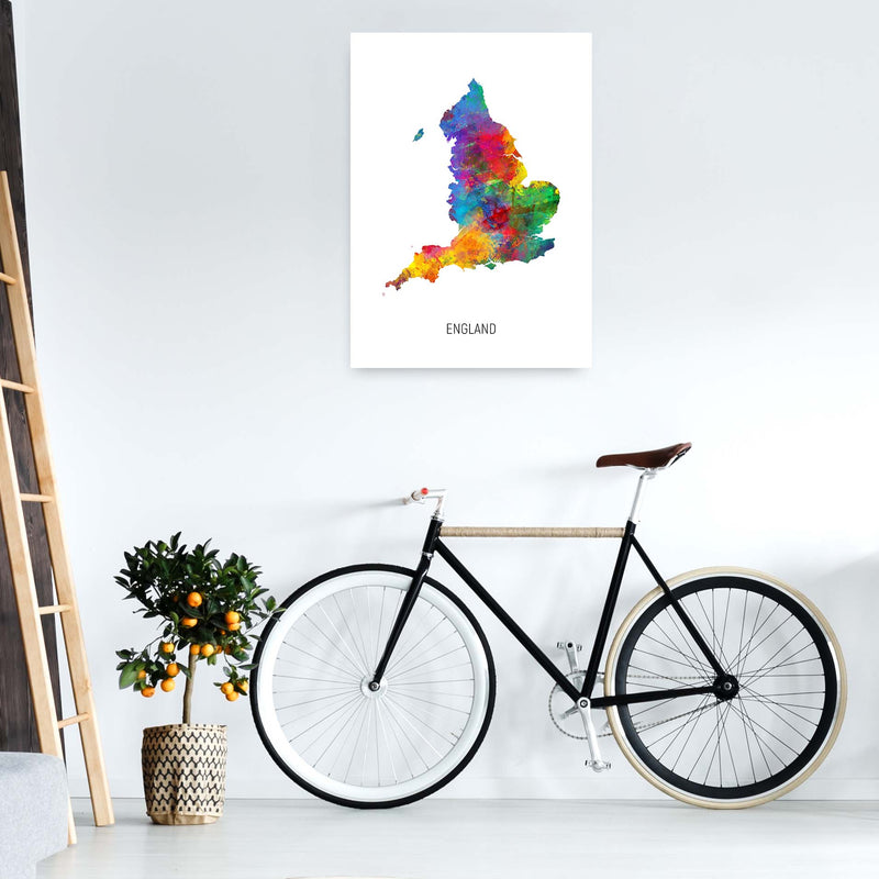 England Watercolour Map Art Print by Michael Tompsett A1 Black Frame