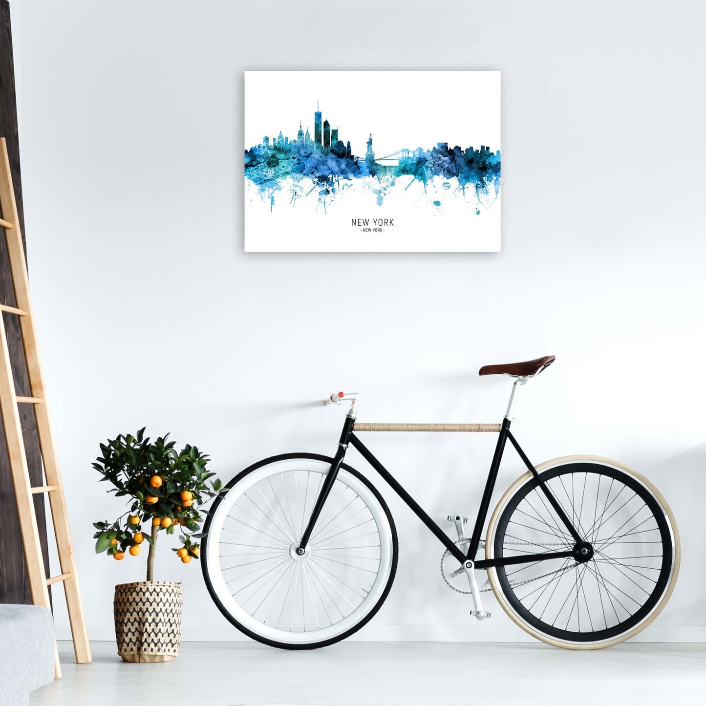 New York New York Skyline Blue City Name  by Michael Tompsett A1 Black Frame