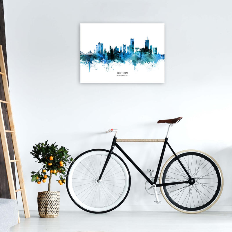 Boston Massachusetts Skyline Blue City Name  by Michael Tompsett A1 Black Frame