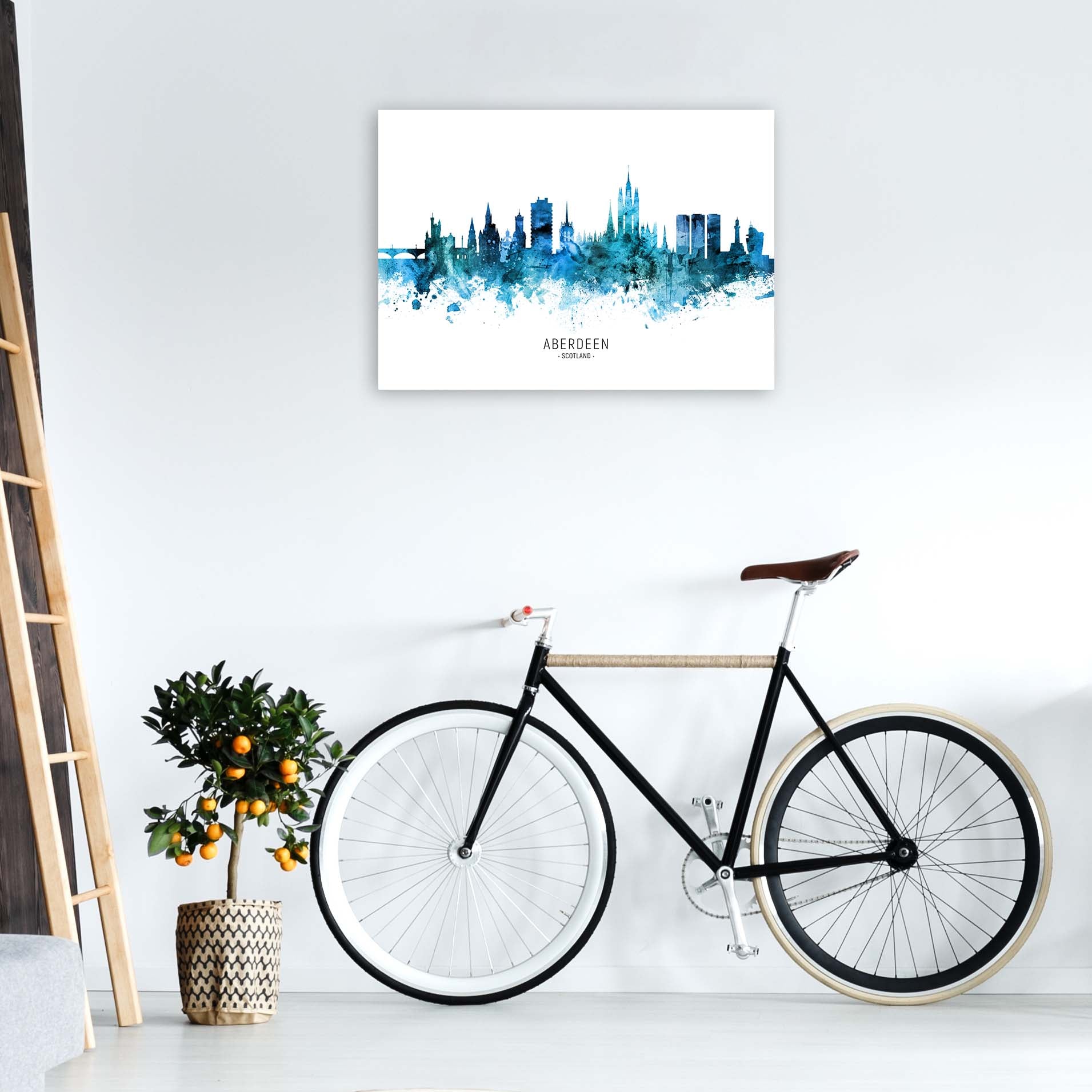 Aberdeen Scotland Skyline Blue City Name  by Michael Tompsett A1 Black Frame