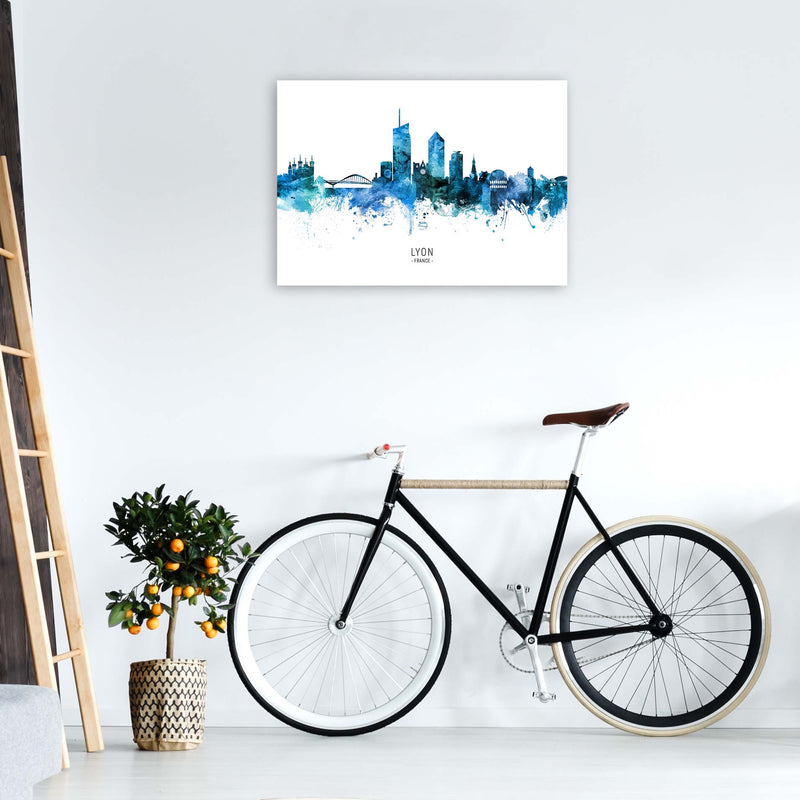 Lyon France Skyline Blue City Name Print by Michael Tompsett A1 Black Frame