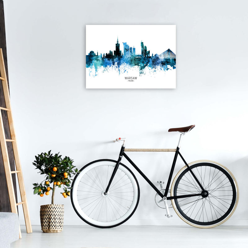 Warsaw Poland Skyline Blue City Name  by Michael Tompsett A1 Black Frame