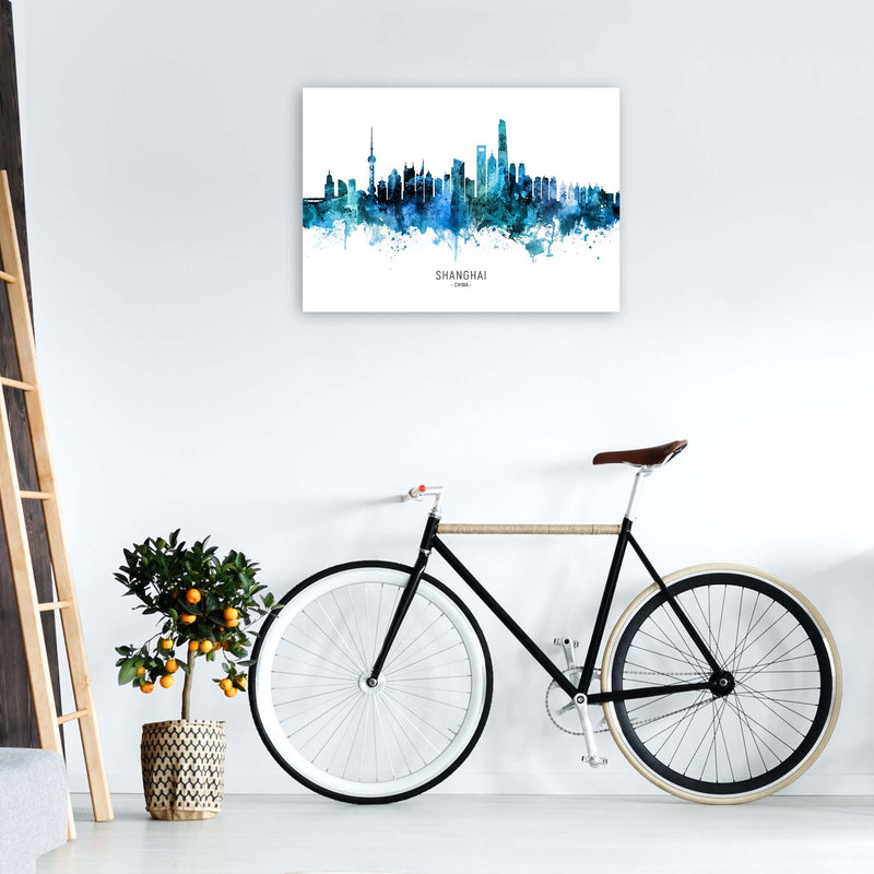 Shanghai China Skyline Blue City Name  by Michael Tompsett A1 Black Frame