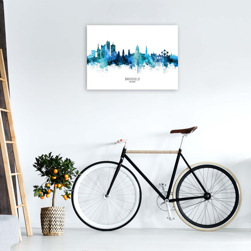 Brussels Belgium Skyline Blue City Name  by Michael Tompsett A1 Black Frame