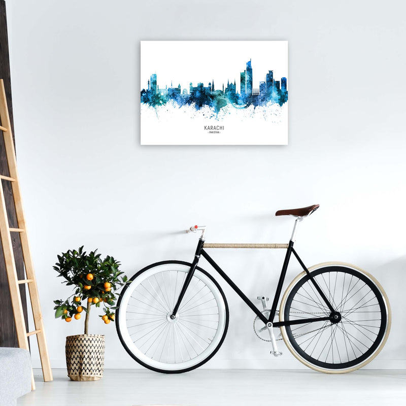 Karachi Pakistan Skyline Blue City Name  by Michael Tompsett A1 Black Frame
