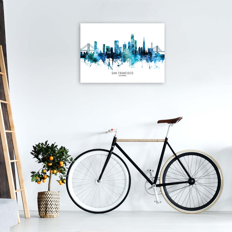 San Francisco California Skyline Blue City Name  by Michael Tompsett A1 Black Frame