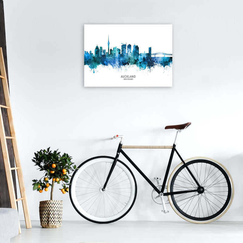 Auckland New Zealand Skyline Blue City Name  by Michael Tompsett A1 Black Frame