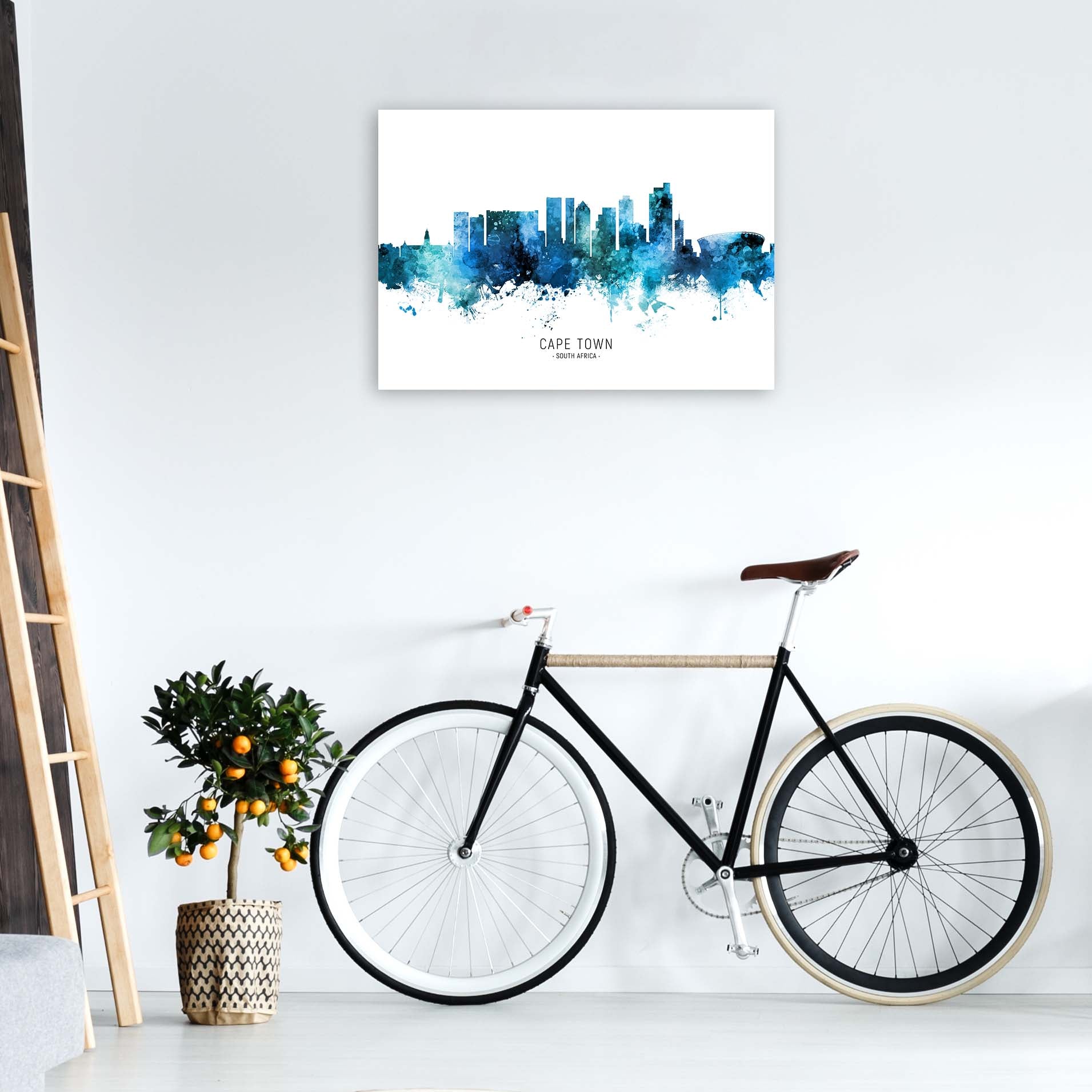 Cape Town South Africa Skyline Blue City Name  by Michael Tompsett A1 Black Frame