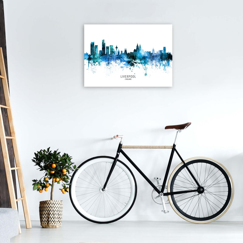 Liverpool England Skyline Blue City Name  by Michael Tompsett A1 Black Frame
