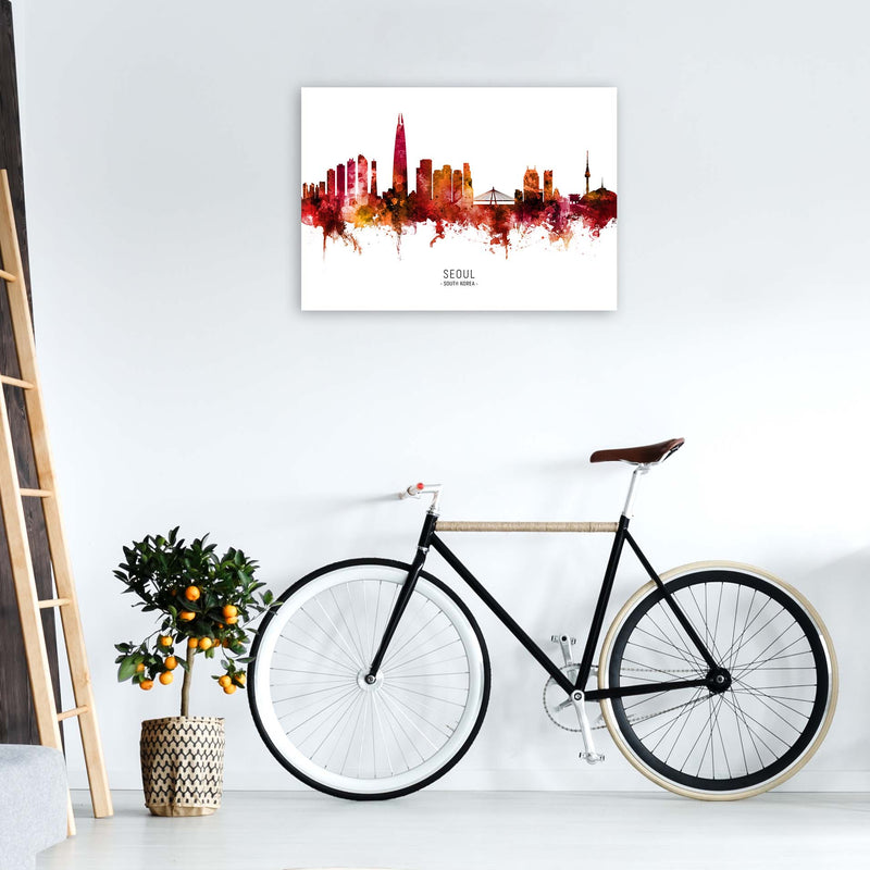 Seoul South Korea Skyline Red City Name  by Michael Tompsett A1 Black Frame