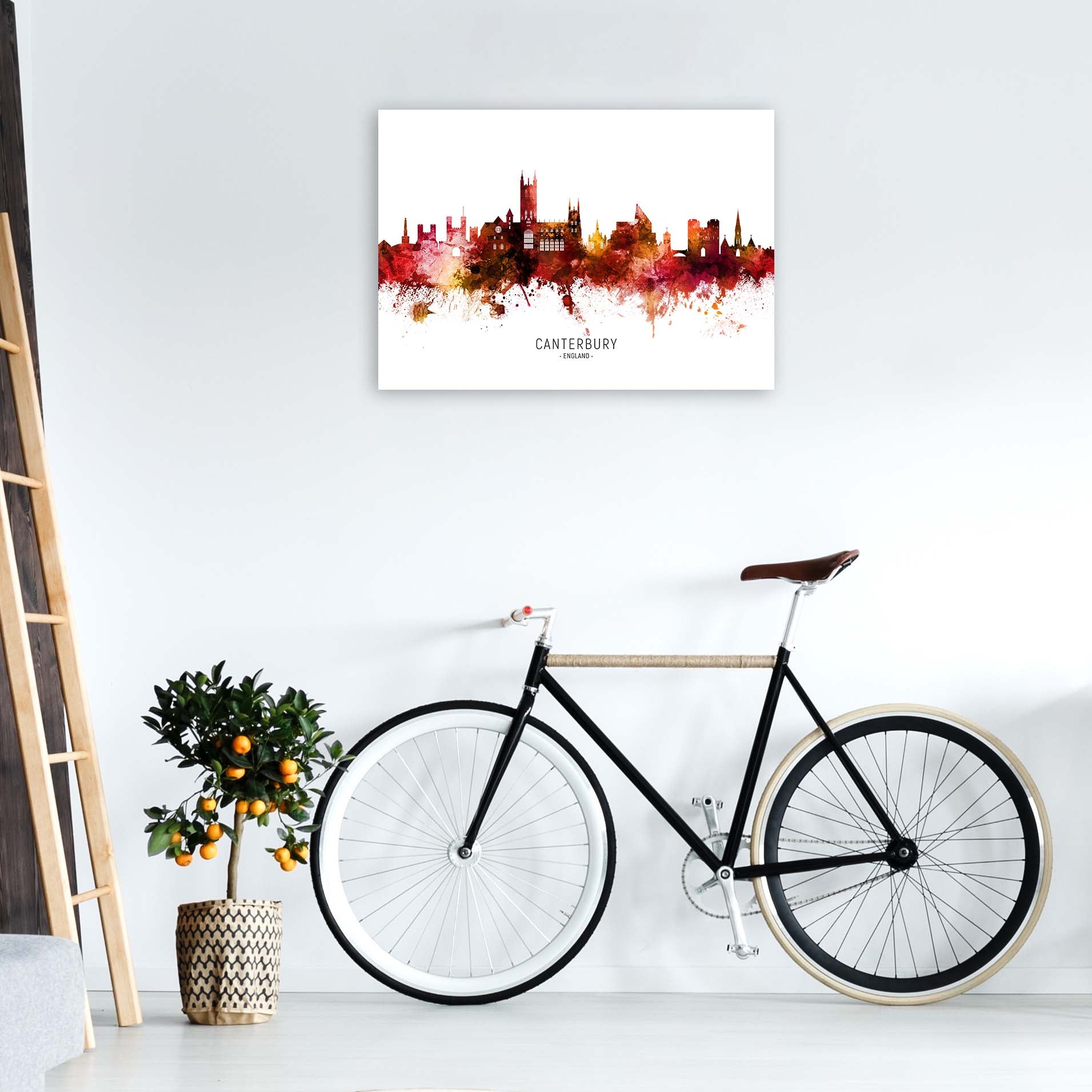 Canterbury England Skyline Red City Name  by Michael Tompsett A1 Black Frame
