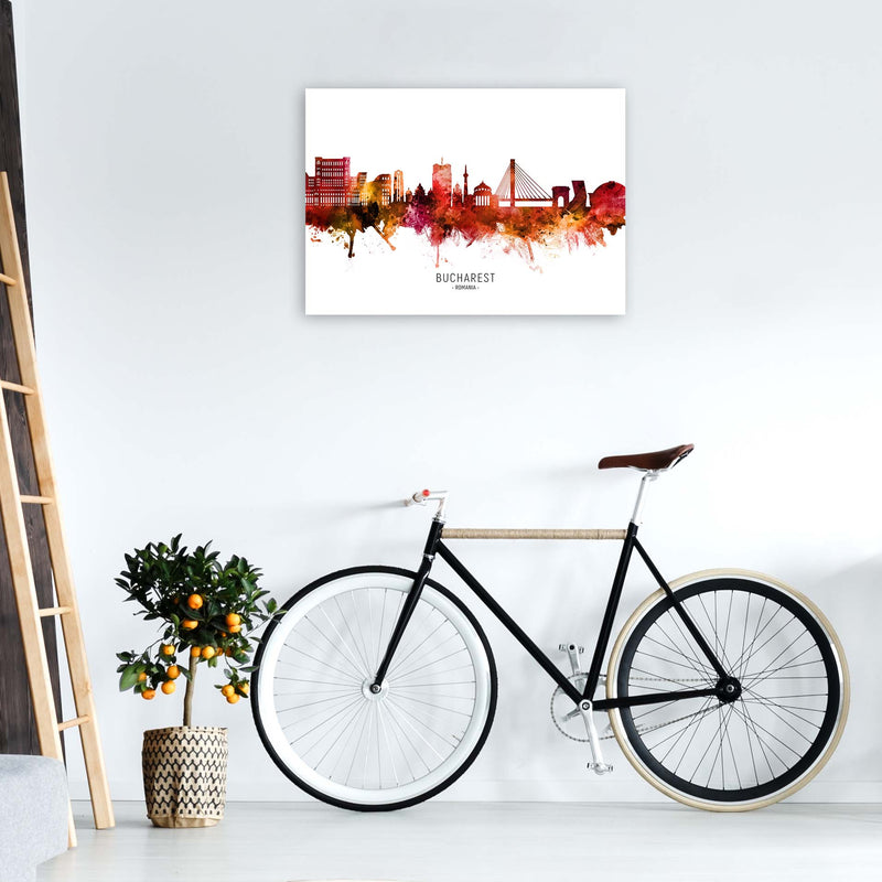 Bucharest Romania Skyline Red City Name  by Michael Tompsett A1 Black Frame