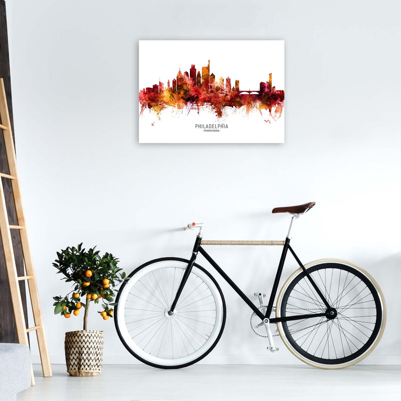 Philadelphia Pennsylvania Skyline Red City Name  by Michael Tompsett A1 Black Frame
