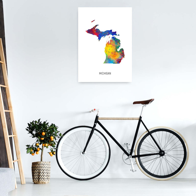 Michigan Watercolour Map Art Print by Michael Tompsett A1 Black Frame