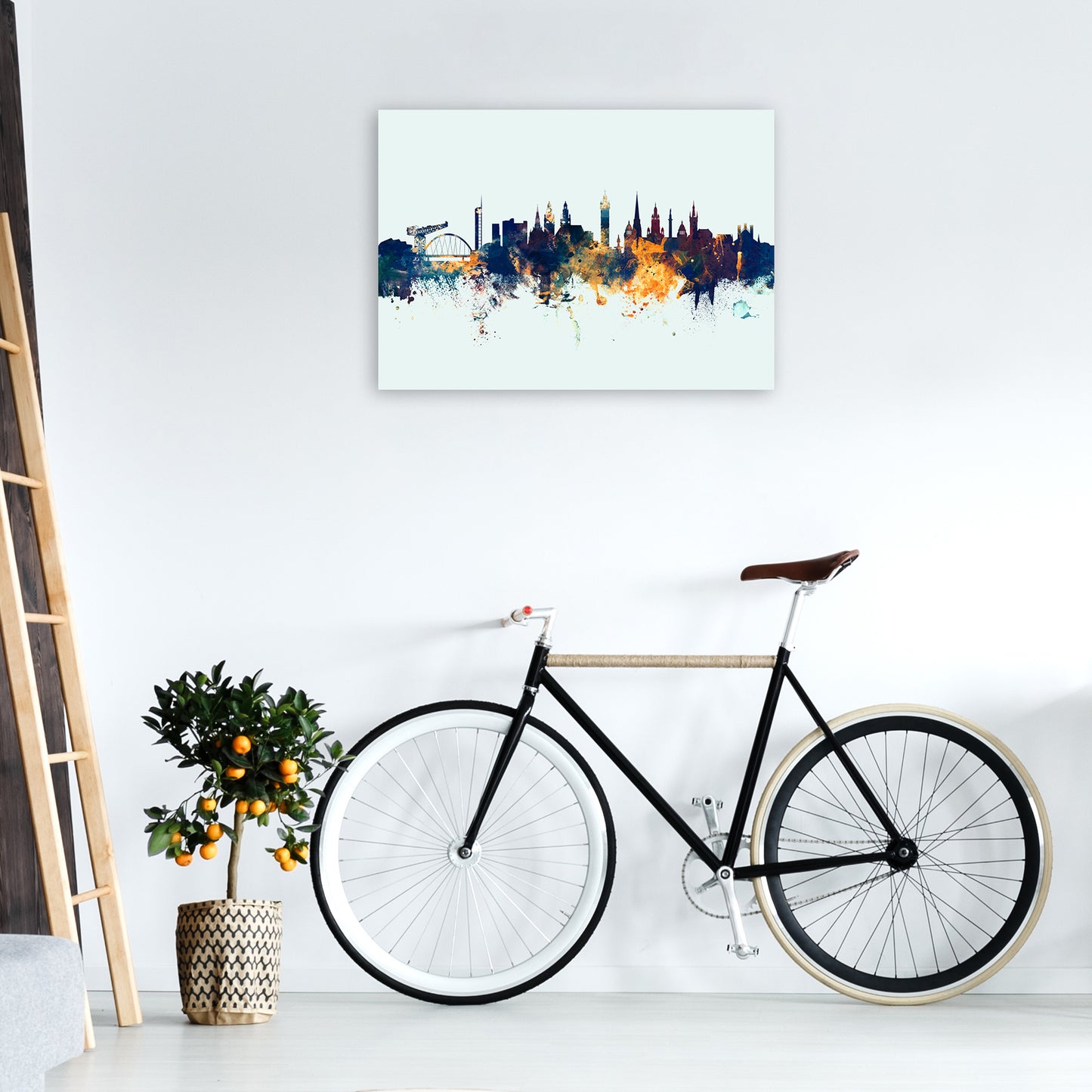 Glasgow Scotland Skyline Blue Orange Art Print by Michael Tompsett A1 Black Frame
