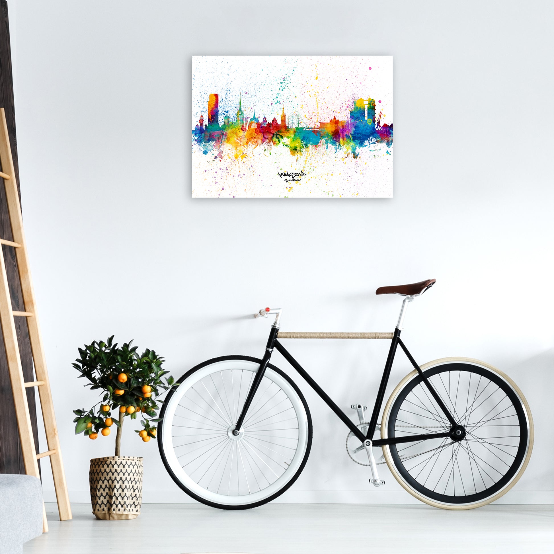 Halmstad Sweden Skyline Splash Art Print by Michael Tompsett A1 Black Frame