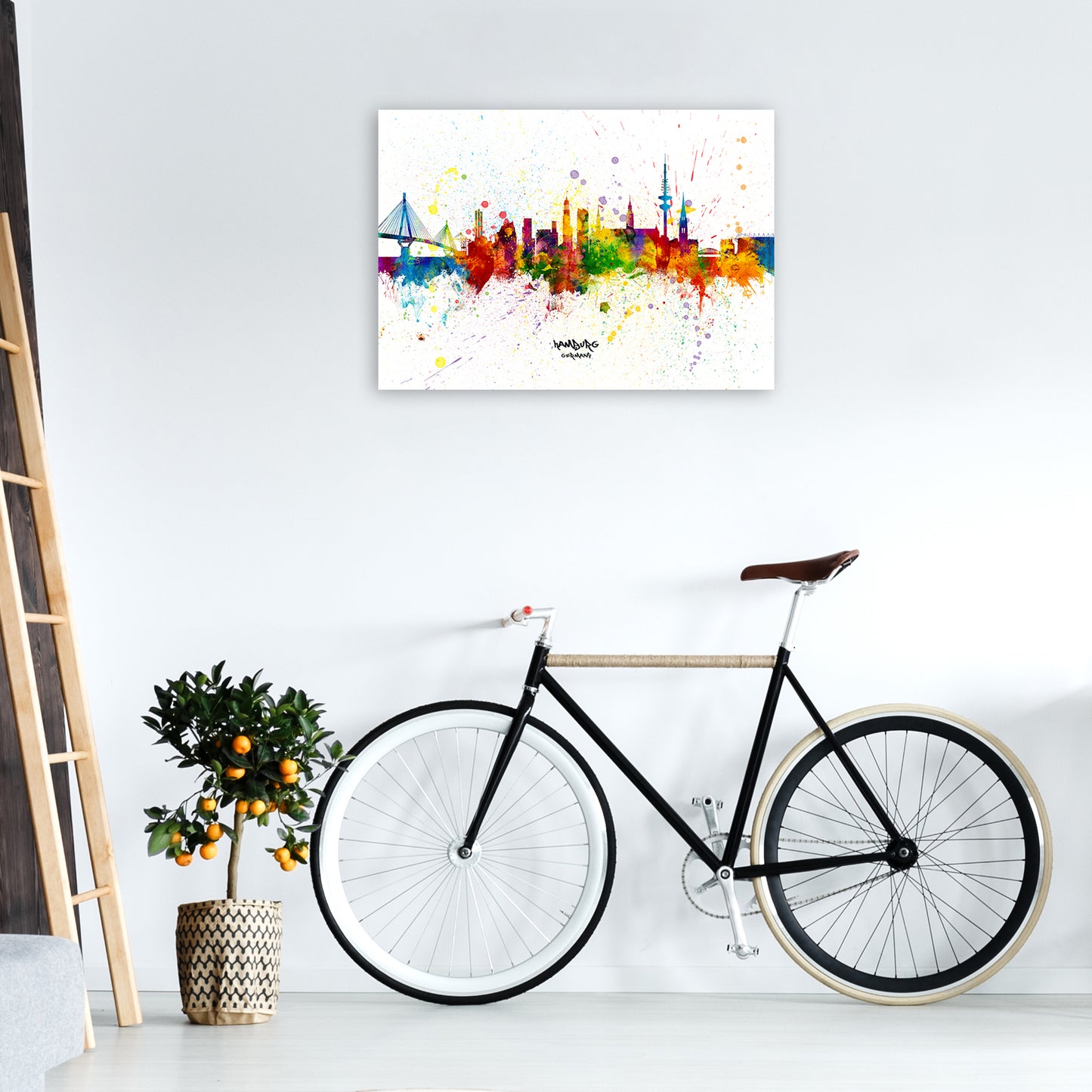 Hamburg Germany Skyline Splash Art Print by Michael Tompsett A1 Black Frame