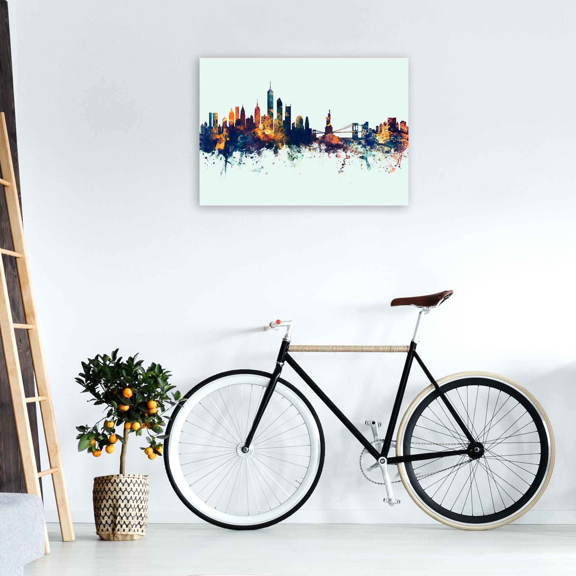New York New York Skyline Blue Orange Art Print by Michael Tompsett A1 Black Frame