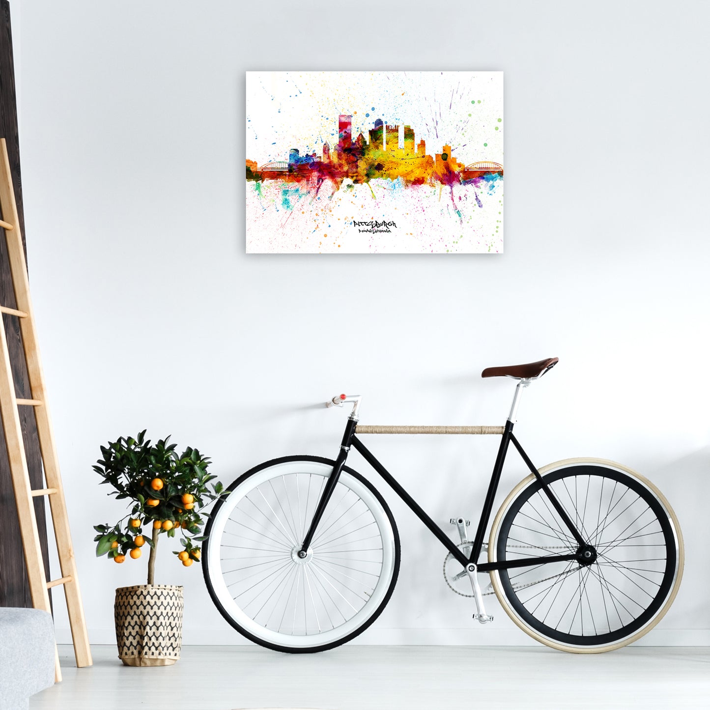 Pittsburgh Pennsylvania Skyline Splash Art Print by Michael Tompsett A1 Black Frame
