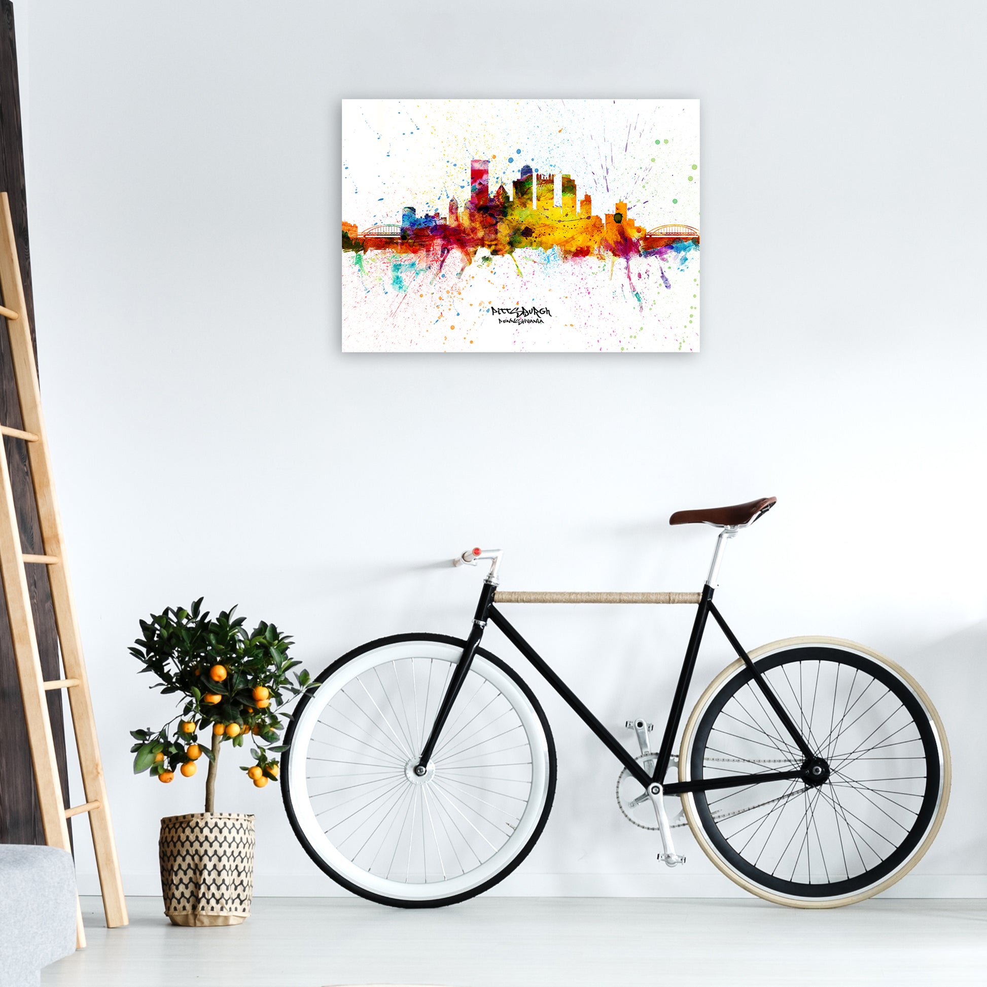Pittsburgh Pennsylvania Skyline Splash Art Print by Michael Tompsett A1 Black Frame