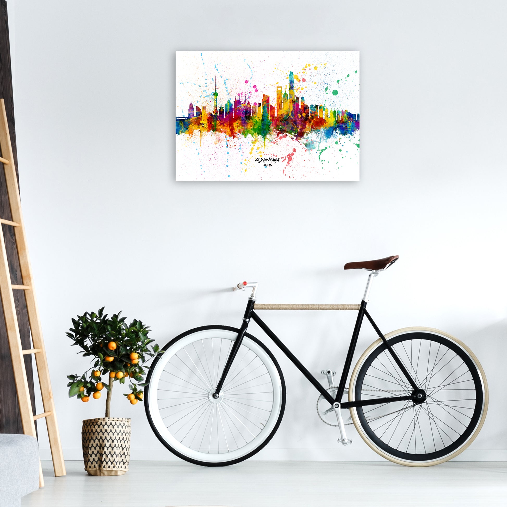 Shanghai China Skyline Splash Art Print by Michael Tompsett A1 Black Frame