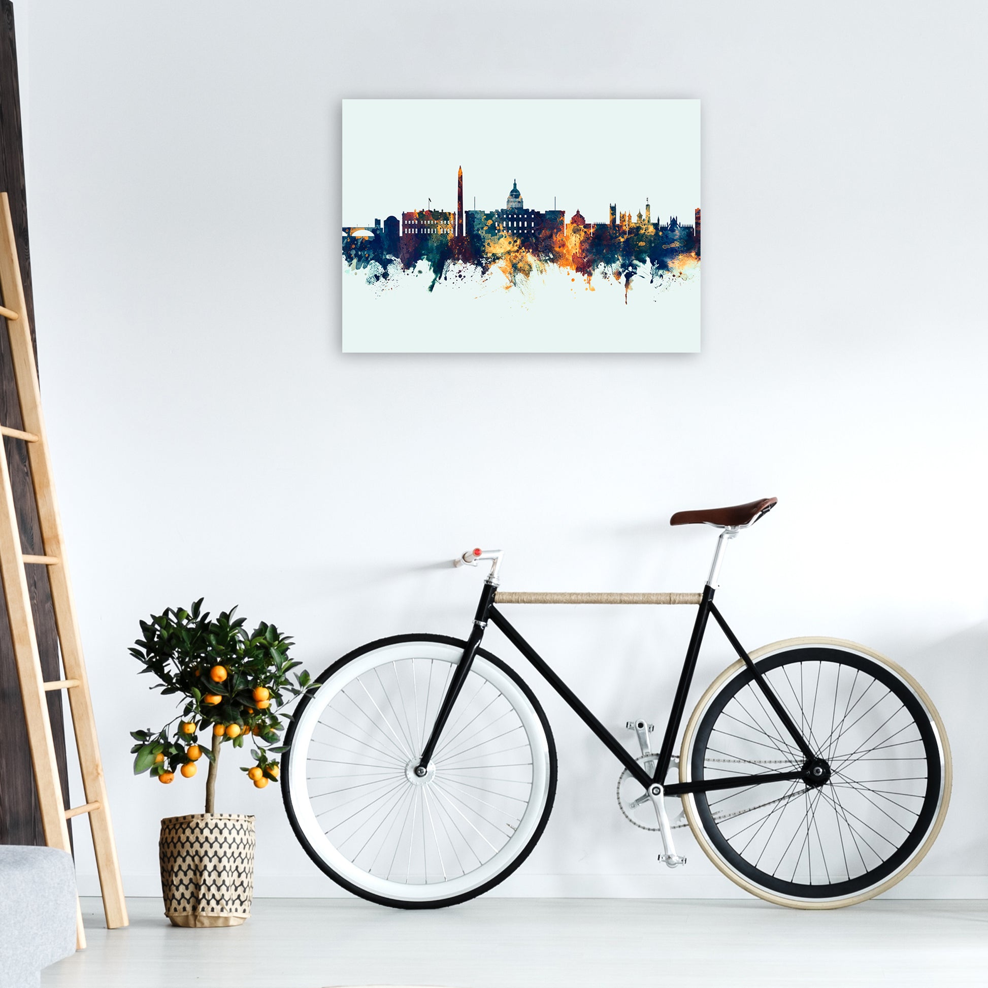 Washington Dc Skyline Blue Orange Art Print by Michael Tompsett A1 Black Frame