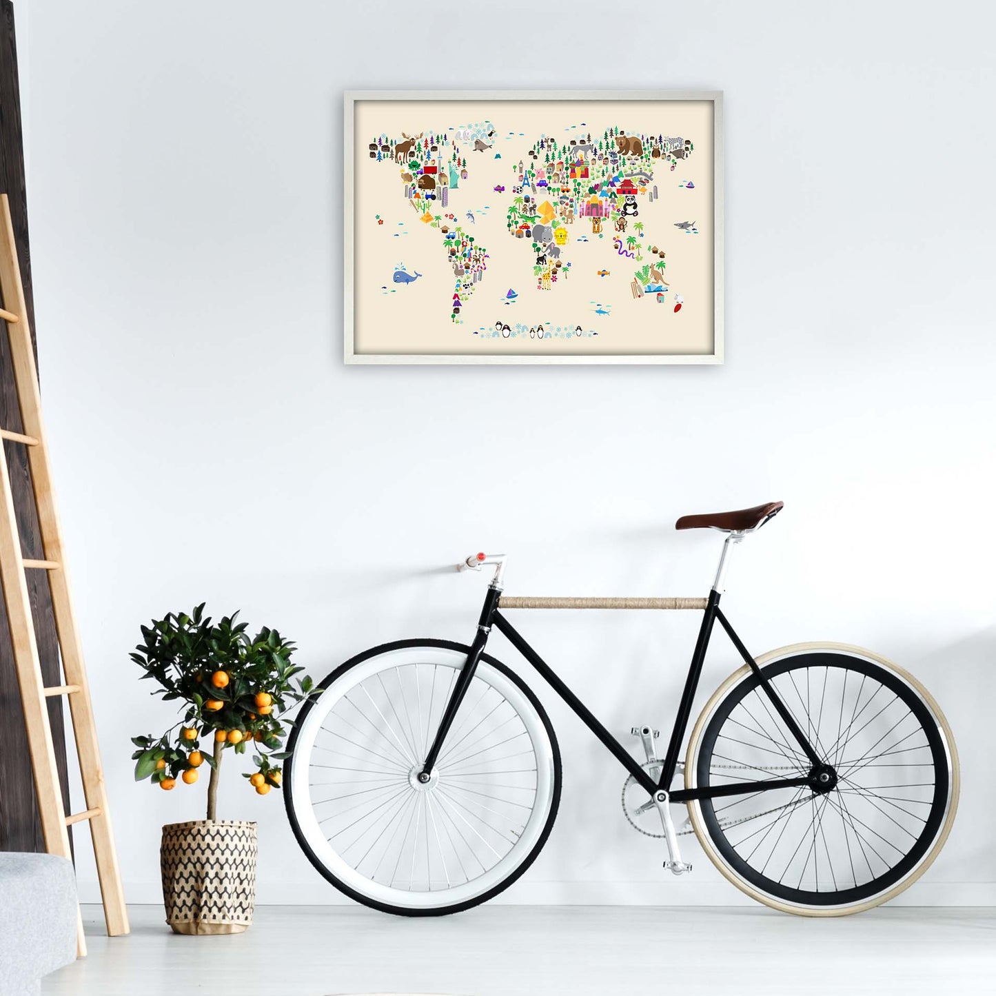 Animal Map of the World Beige Art Print by Michael Tompsett A1 Oak Frame