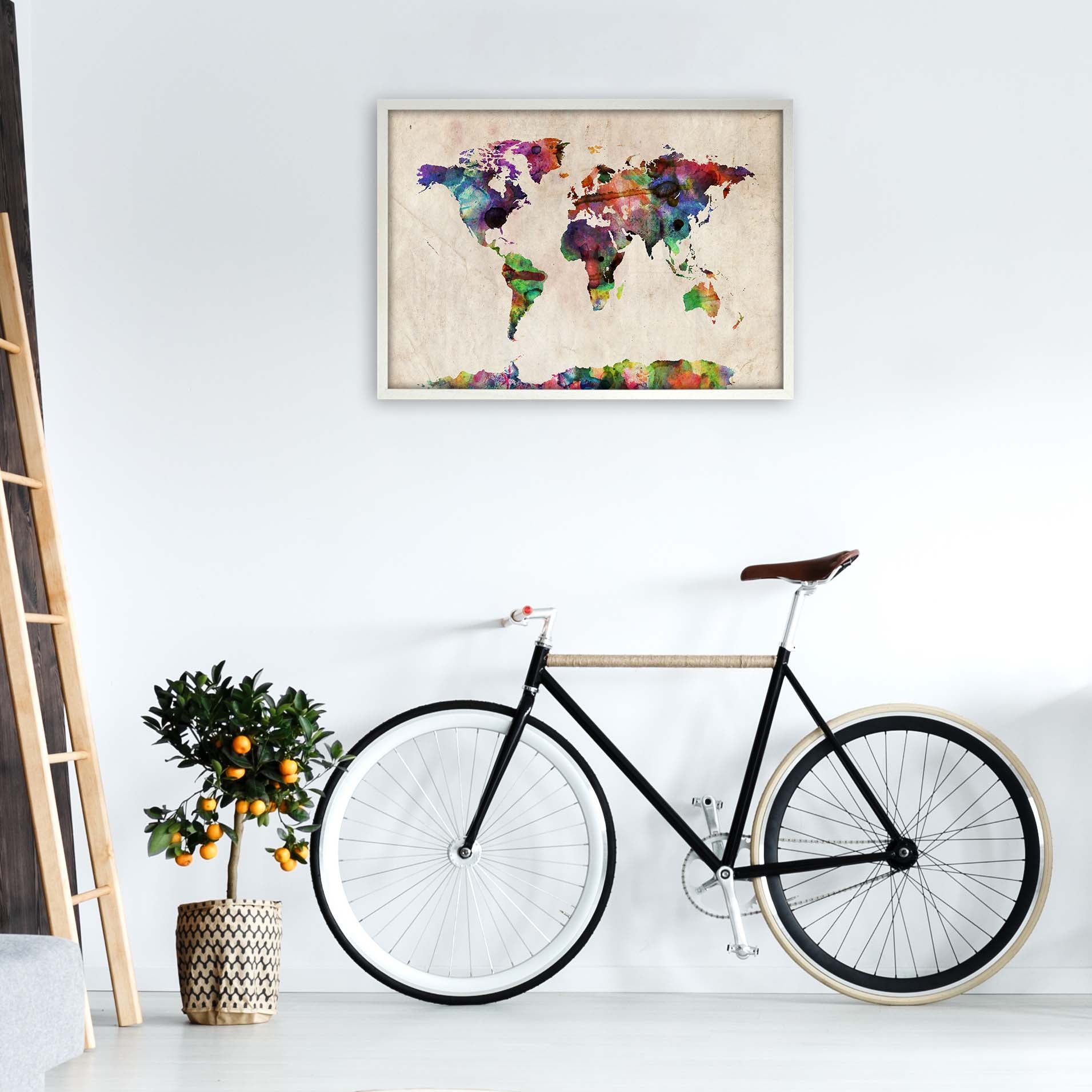 World Map Abstract Watercolour Art Print by Michael Tompsett A1 Oak Frame