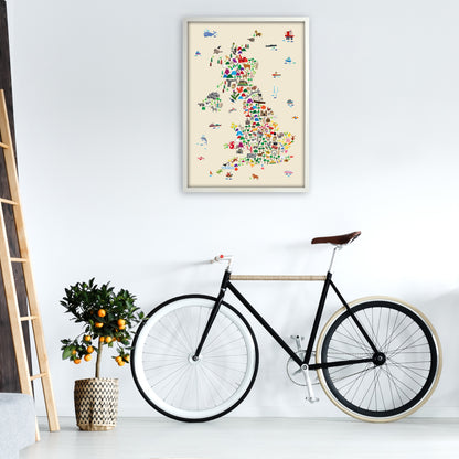 Animal Map of Great Britain Beige Print by Michael Tompsett A1 Oak Frame