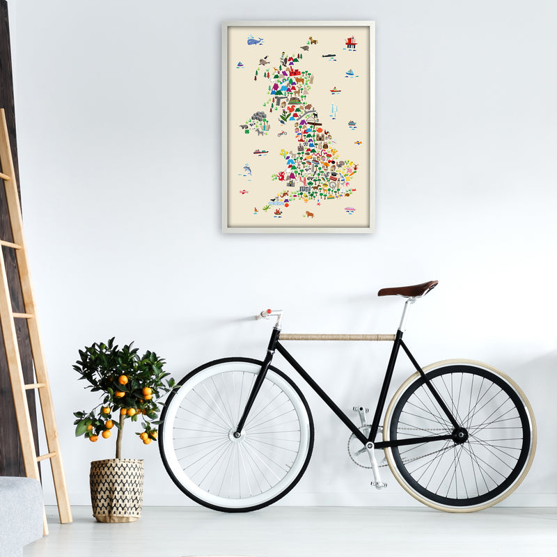 Animal Map of Great Britain Beige Print by Michael Tompsett A1 Oak Frame