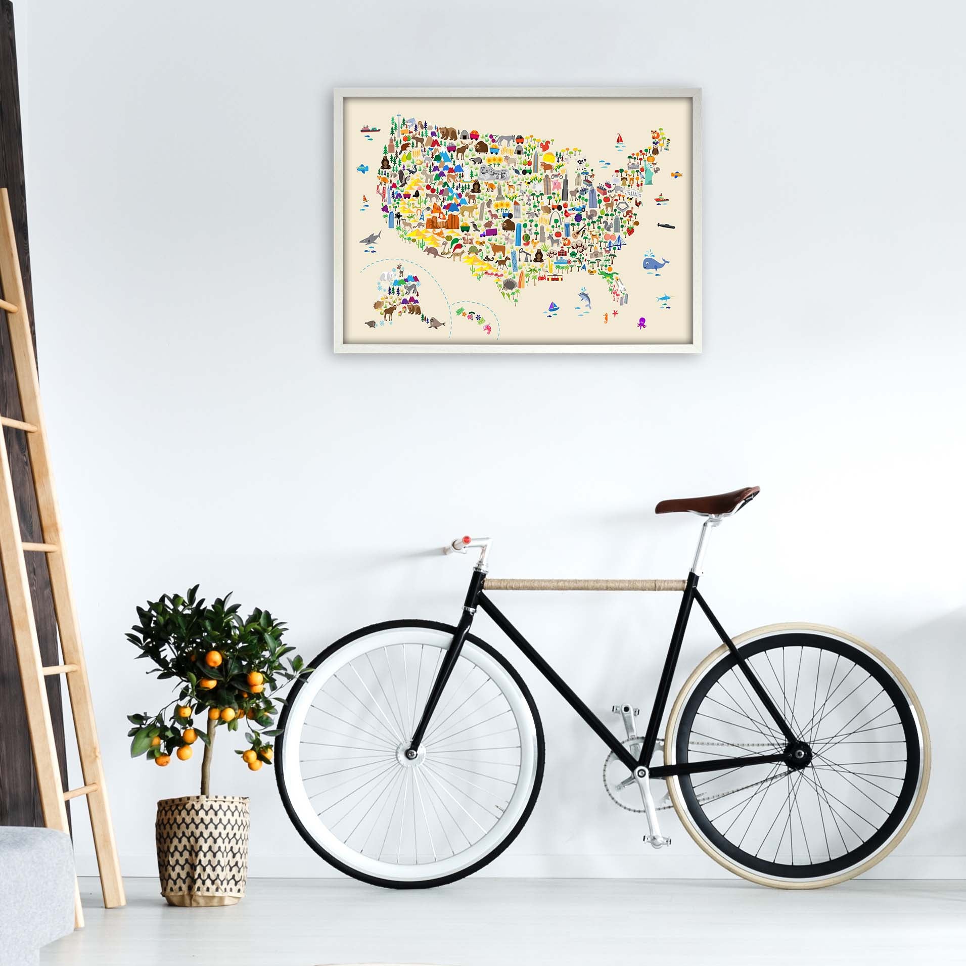 Animal Map of United States Beige Print by Michael Tompsett A1 Oak Frame