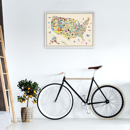 Animal Map of United States Beige Print by Michael Tompsett A1 Oak Frame
