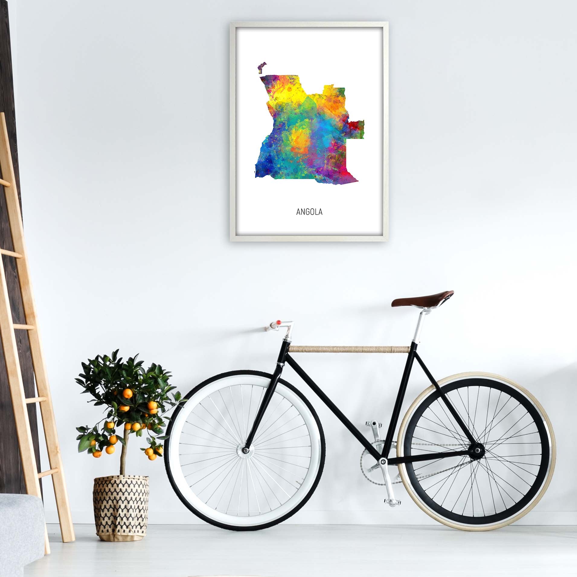 Angola Watercolour Map Art Print by Michael Tompsett A1 Oak Frame