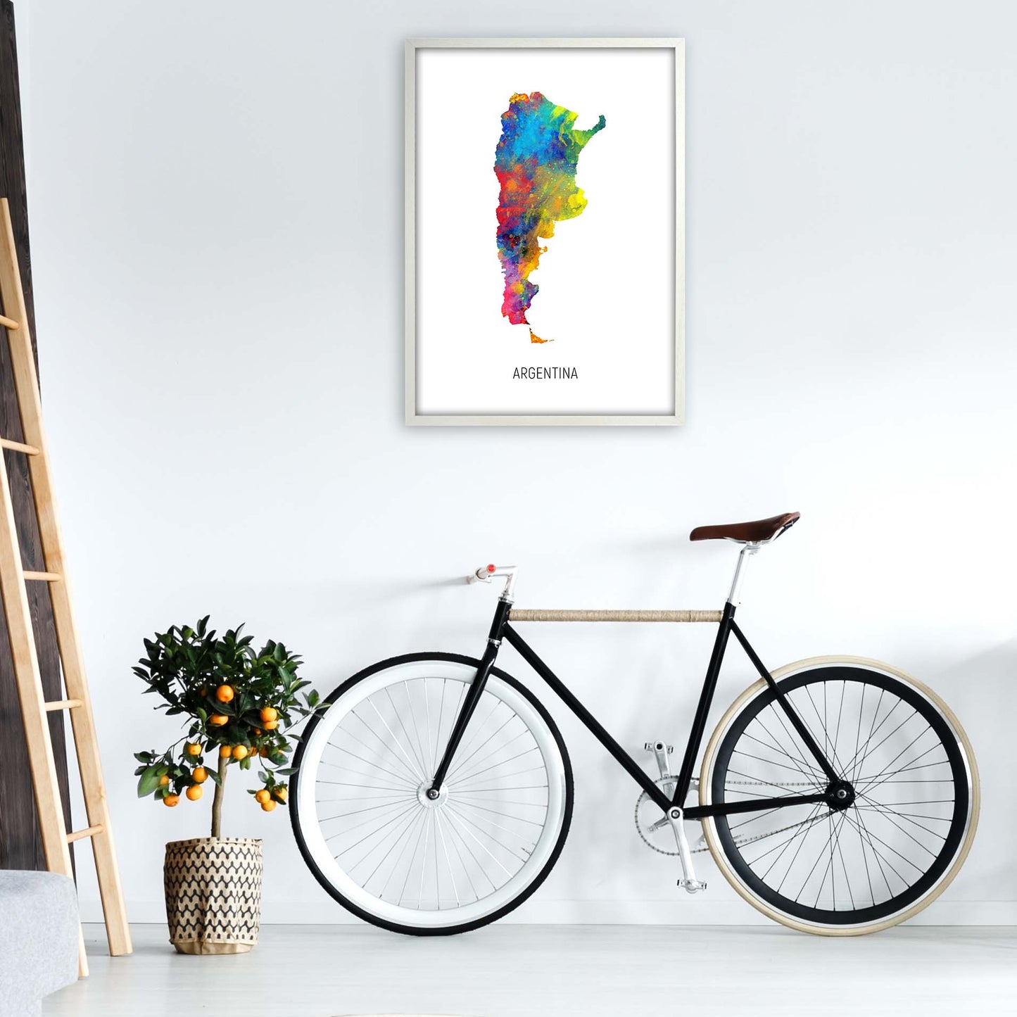 Argentina Watercolour Map Art Print by Michael Tompsett A1 Oak Frame