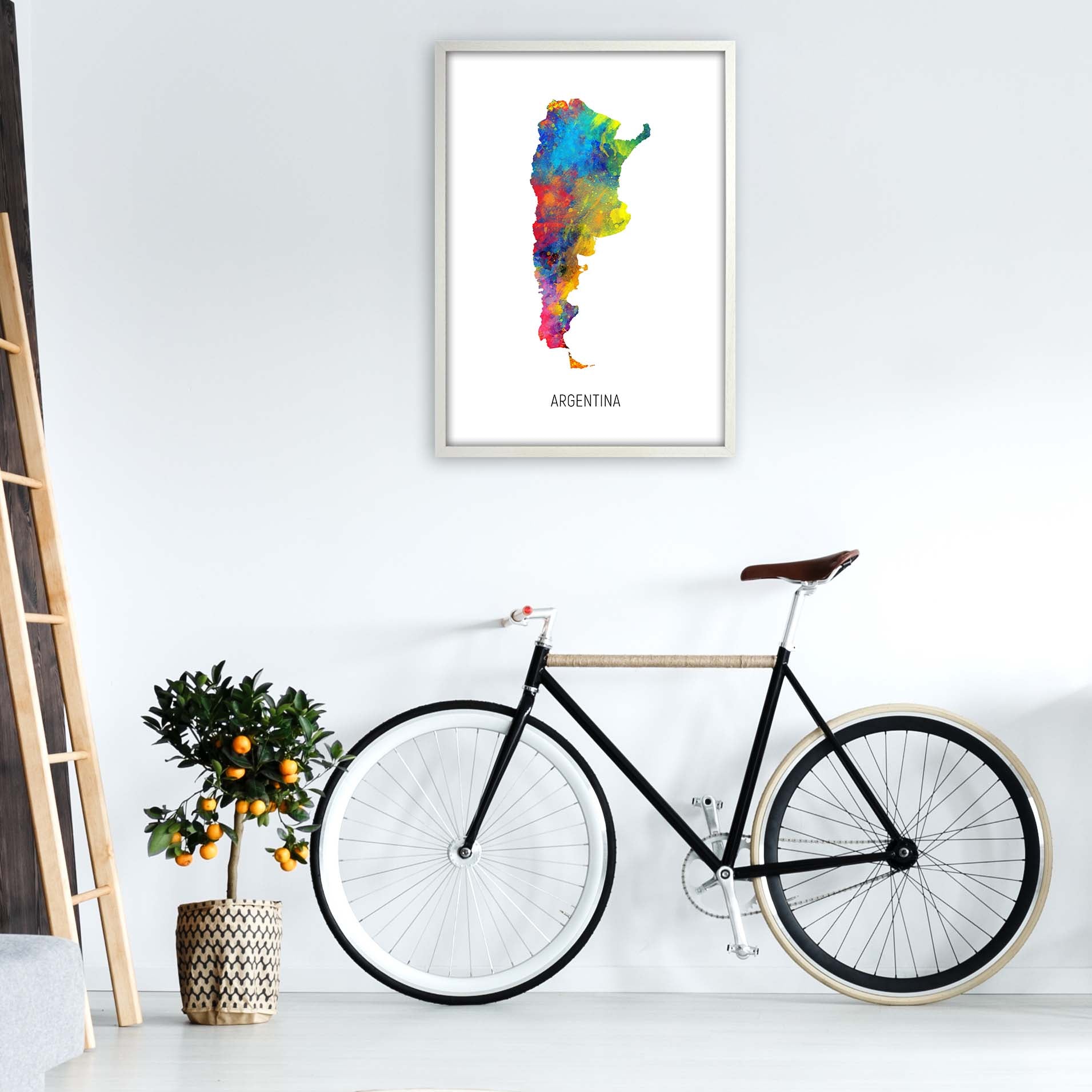 Argentina Watercolour Map Art Print by Michael Tompsett A1 Oak Frame