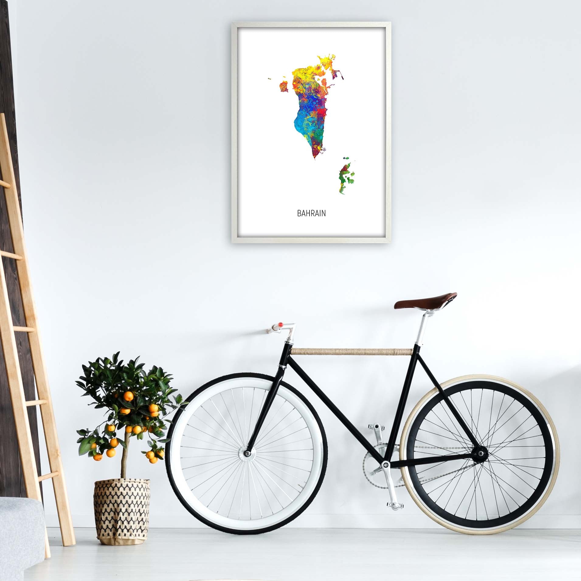 Bahrain Watercolour Map Art Print by Michael Tompsett A1 Oak Frame
