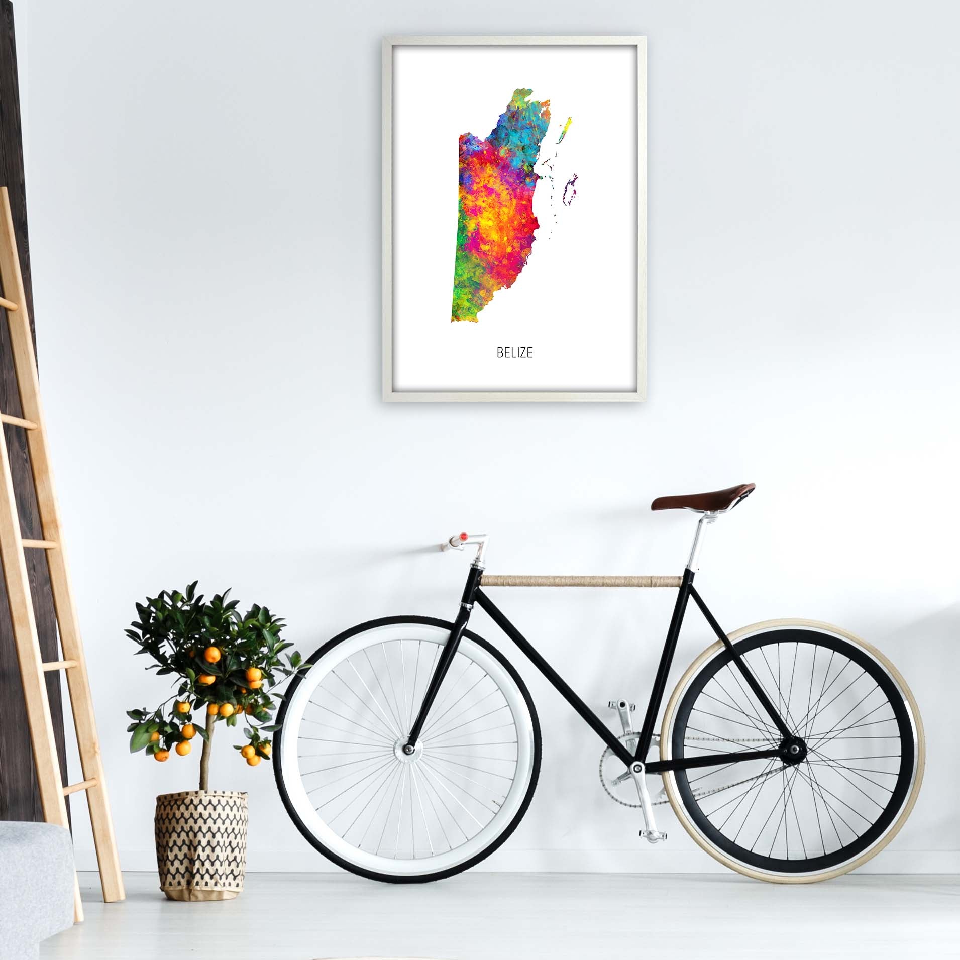 Belize Watercolour Map Art Print by Michael Tompsett A1 Oak Frame