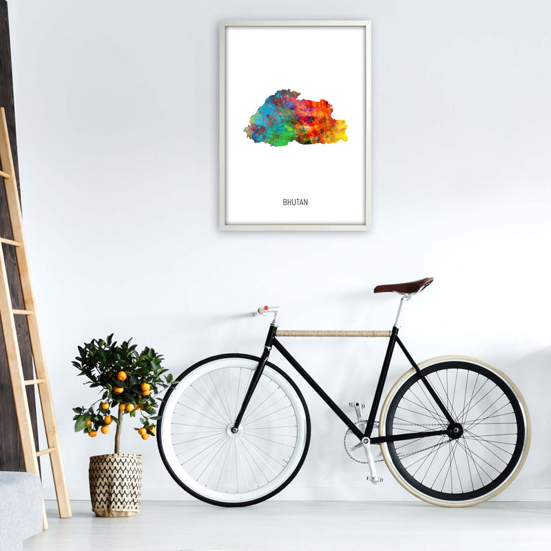 Bhutan Watercolour Map Art Print by Michael Tompsett A1 Oak Frame