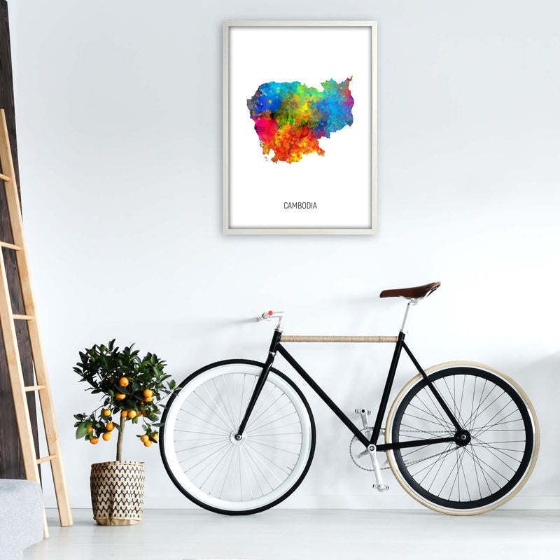 Cambodia Watercolour Map Art Print by Michael Tompsett A1 Oak Frame