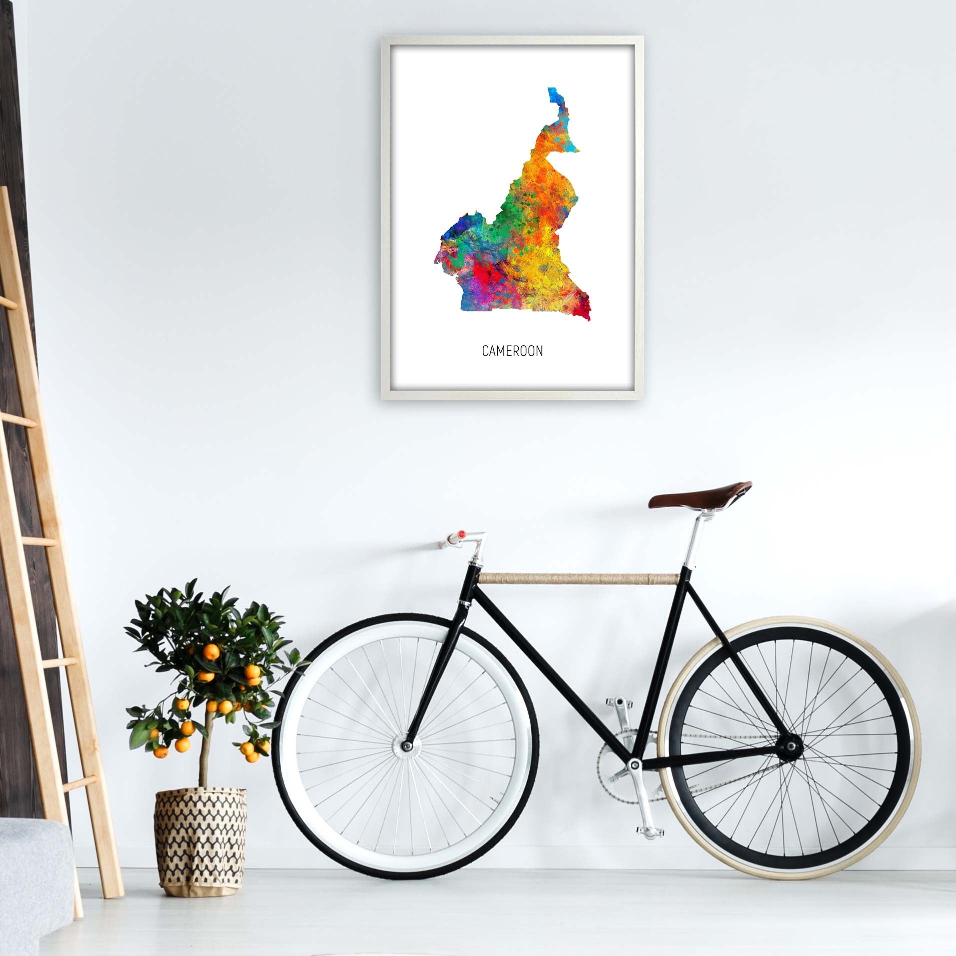 Cameroon Watercolour Map Art Print by Michael Tompsett A1 Oak Frame